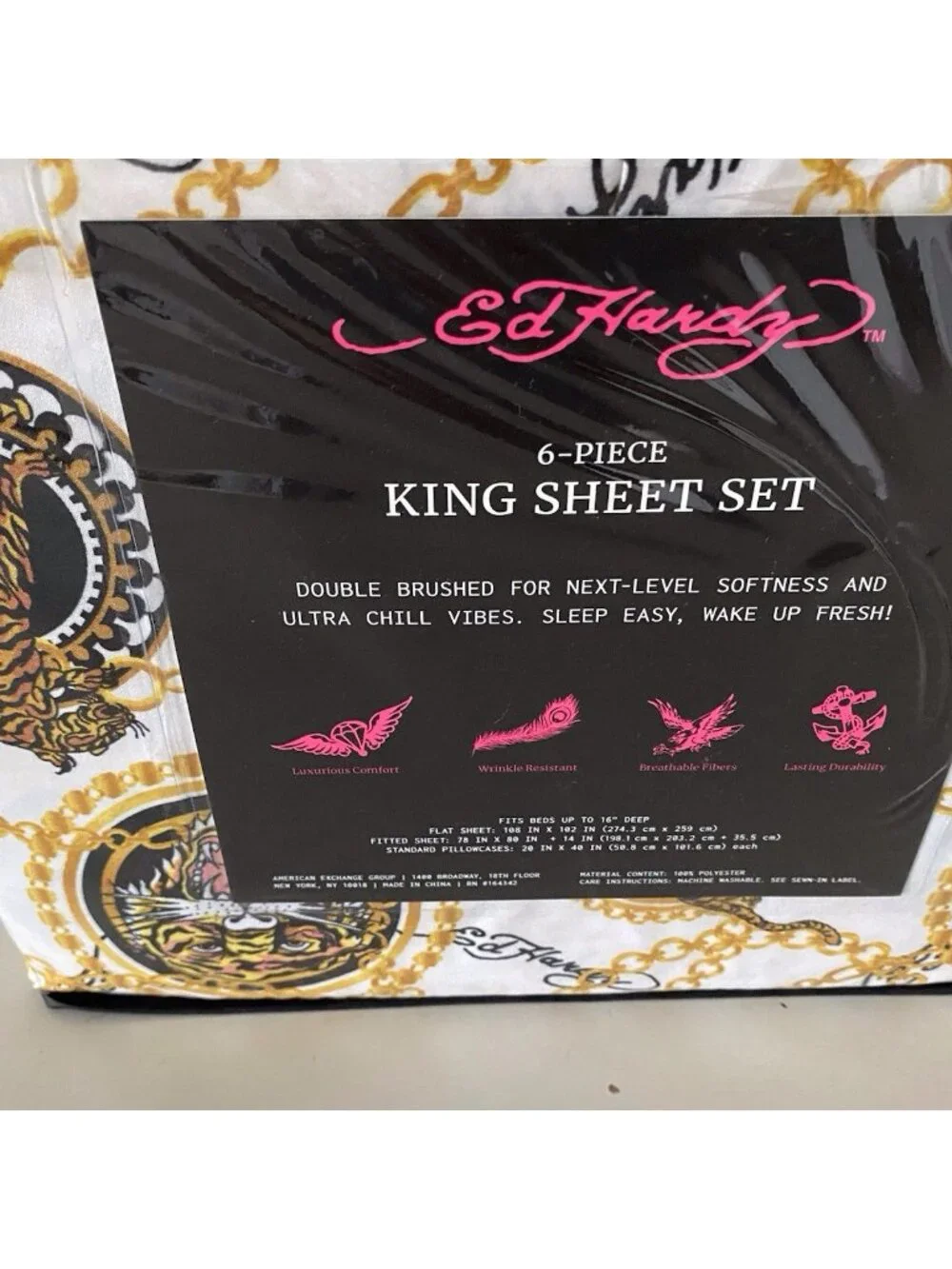 6 Piece Ed Hardy KING Size Sheet Set Americana Asian Tattoo‎ Tiger Print White